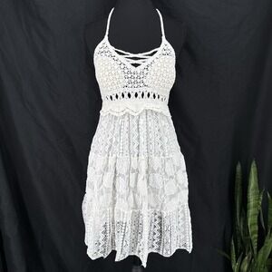 White Tiered Crochet Mini Dress S Boho Cottage Coquette Cowgirl Festival Y2K